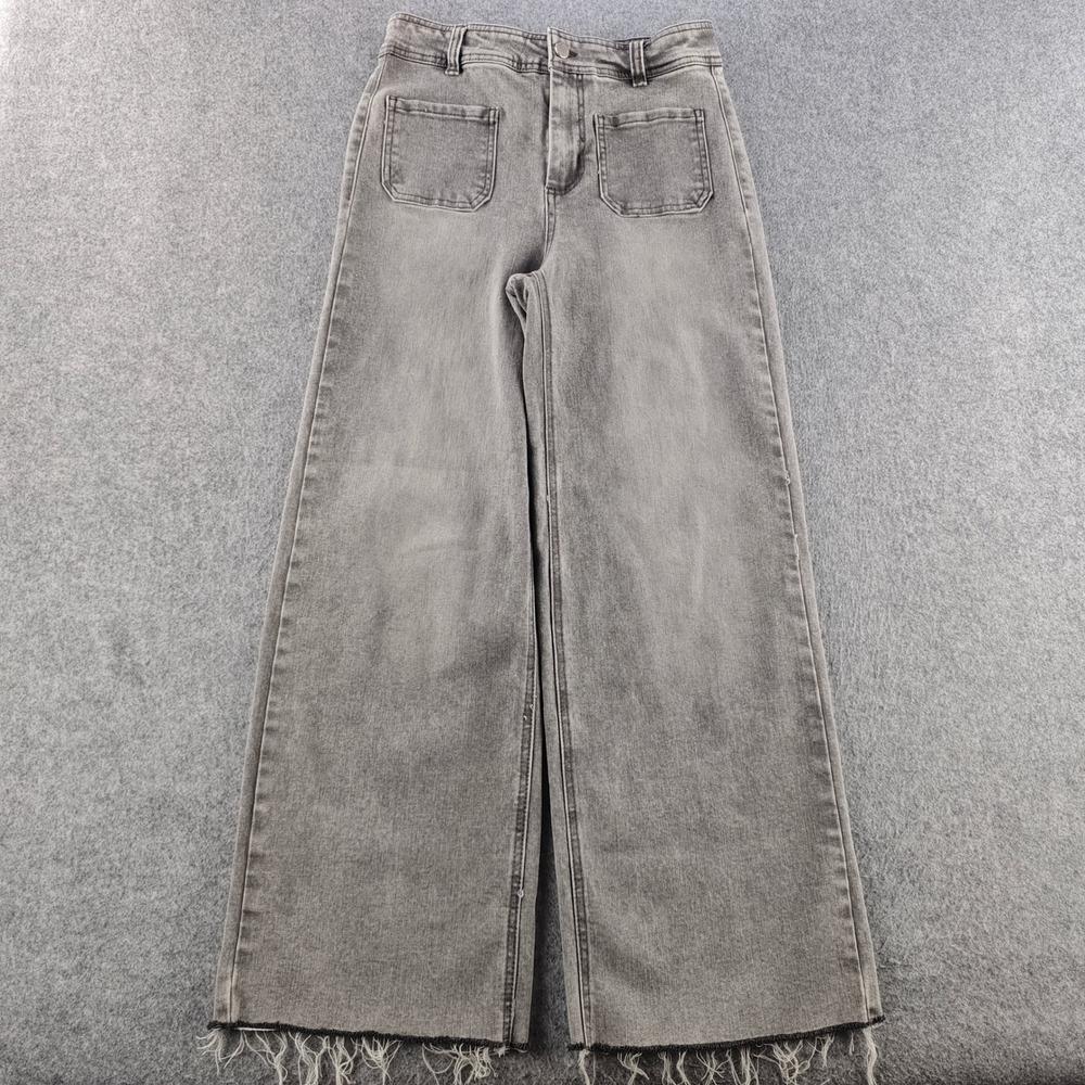 OAT Wide Leg Jeans Womens 4/27 Gray High Rise Raw Hem Stretch Denim Pockets